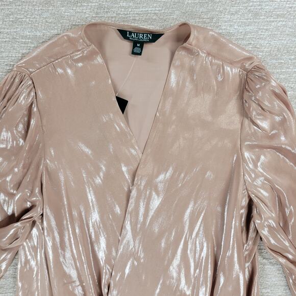 Lauren Ralph Lauren Metallic Blouse Womens M Liquid Pink Surplice Faux Wrap New - Picture 11 of 15